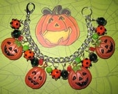 Halloween Jewelry Bracelet JOL'S  Jack-o'-lantern Charms Orange Carved Pumpkin Trinkets Glass Beads OOAK Statement Piece
