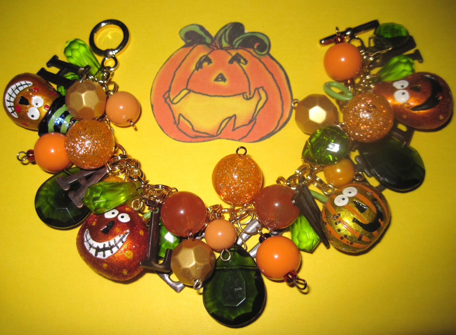 Halloween Pumpkins Charm Bracelet Vintage Folk Art Style Jack O' Lanterns Prim JOL'S Charms & Beads OOAK Eclectic Statement piece
