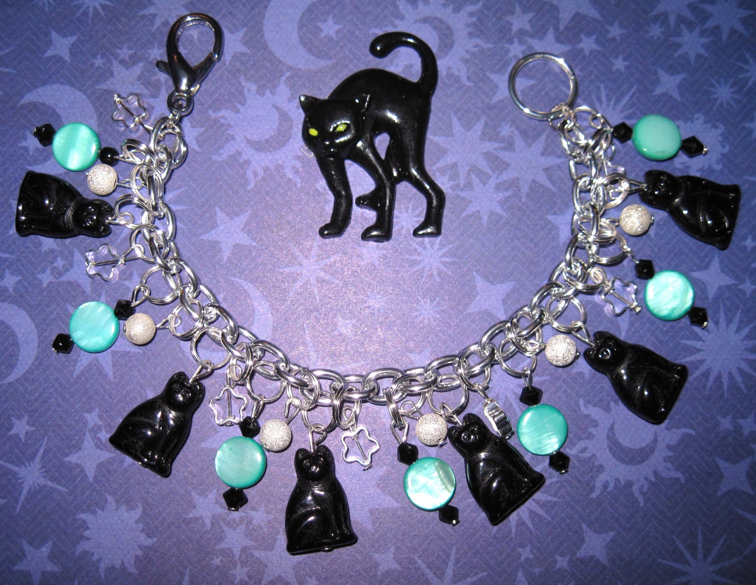 Black Cat Charm Bracelet Jewelry OOAK Mystical Statement Piece Czech Glass Turquoise MOP Beads & Silver Stars
