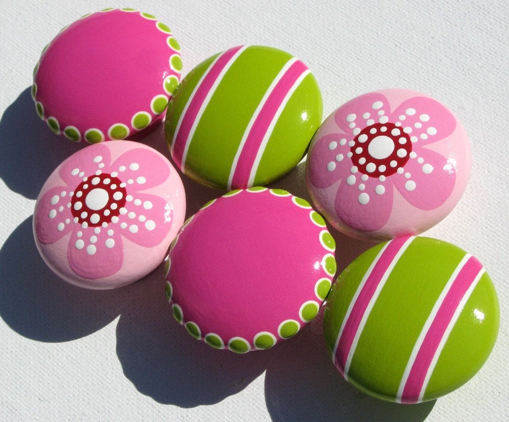 Set of 6 Hand Painted Drawer Knobs: Hot Pink and Lime Green Striped and Spotted and Cherry Blossom Pale Pink
