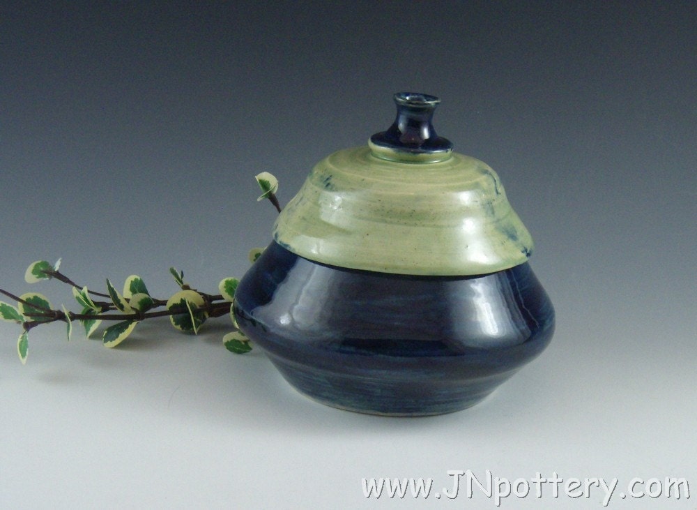 Ceramic / Stoneware Jar/ Small Lidded Treasure Pot,  Cobalt Blue and Celadon   v351