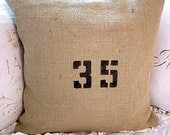 Natural Rustic Prairie Brown Burlap Pillow SLIP COVER ONLY Black Number 35 Design