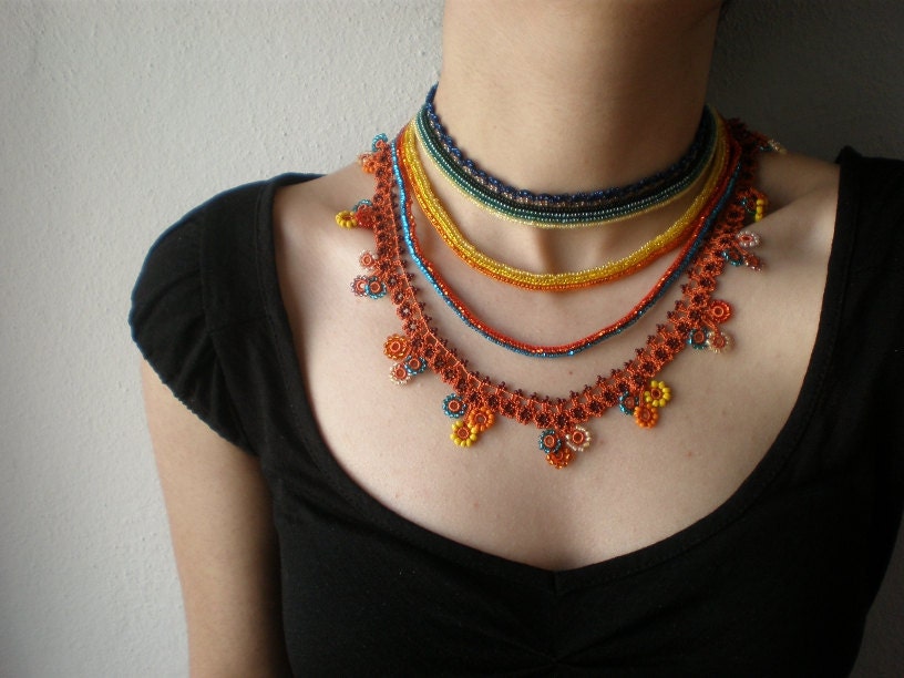 Fuchsia Splendens ... Beaded Crochet Necklace - Flowers - Green Yellow Orange Blue