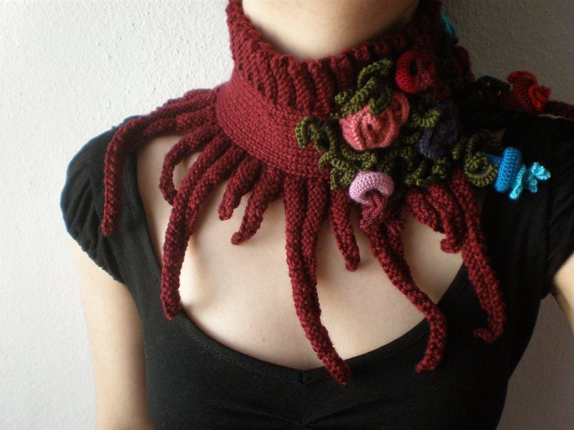 Elan ... Knitted Neck Warmer / Scarflette - Burgundy - Pink Blue Red Colorful Crochet Flowers