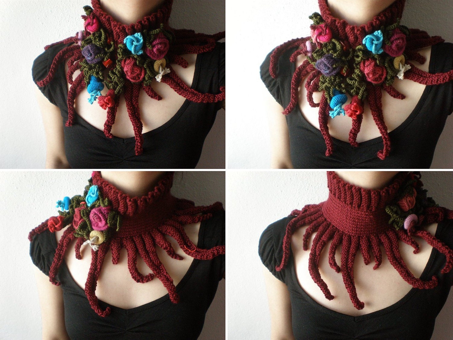 Elan ... Knitted Neck Warmer / Scarflette - Burgundy - Pink Blue Red Colorful Crochet Flowers