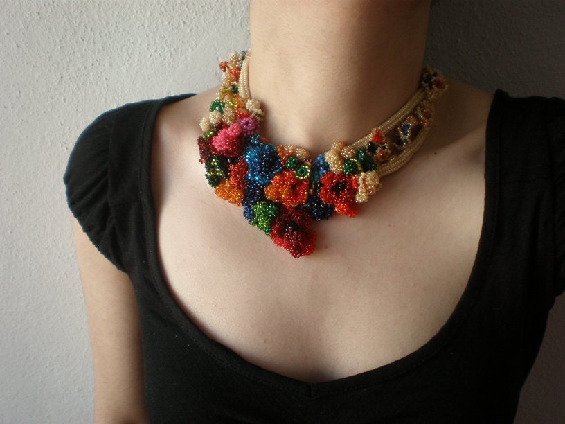 Buddleja Salviifolia ... Freeform Beaded Crochet Necklace - Colorful Flowers