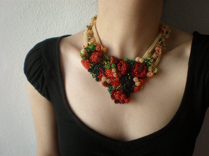 Buddleja Tubiflora ... Freeform Beaded Crochet Necklace - Colorful Flowers