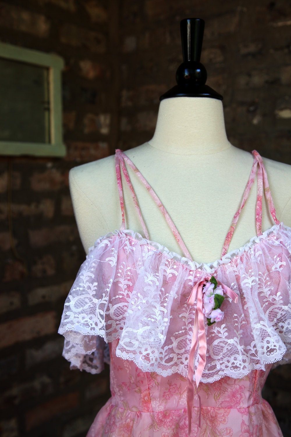 Vintage 70s Pink Floral Ruffle Lace Maxi Dress
