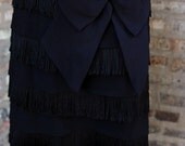 Vintage 60s Flapper Style Fringe Bow Black Crepe Cocktail Dress