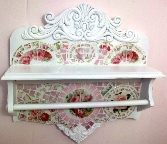 Stunning Antique Shelf with Towel Bar Shabby Rose Mosaic