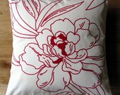 LAST FEW - Cushion cover - red line flowers on pale cream
