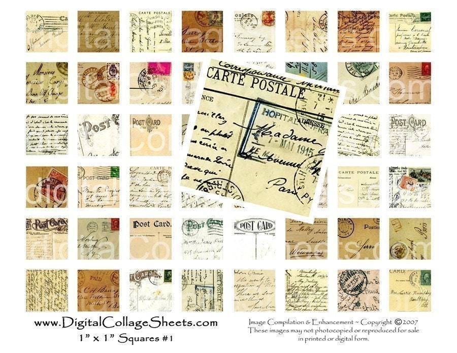 Vintage Postcard Inchies Collage Sheet One Inch Squares Inchies Digital Collage Sheet DCS-125 DigitalCollageSheets, Printables, Downloads