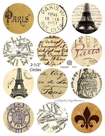 New 2.5 Inch Circles Digital Collage Sheet  - Vintage French  Ephemera  DCS-1152 Digitalcollagesheets, Printables, Downloads