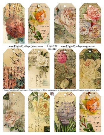 Instant Download Tags Collage Sheet- Altered  Postcards -  DCS-810  DigitalCollageSheets- Floral Images, Printables, Downloads