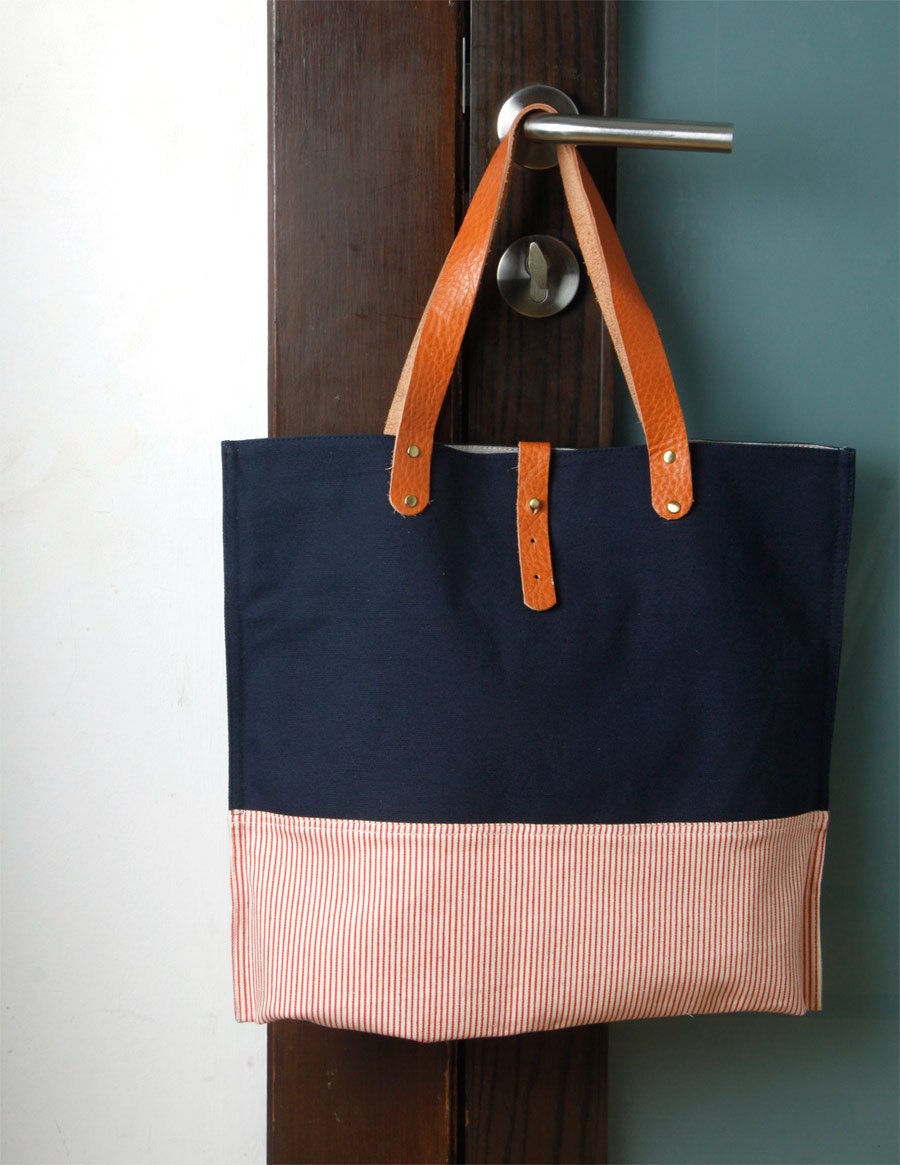 Handmade blue navy tote with red and white stripe stretch fabric