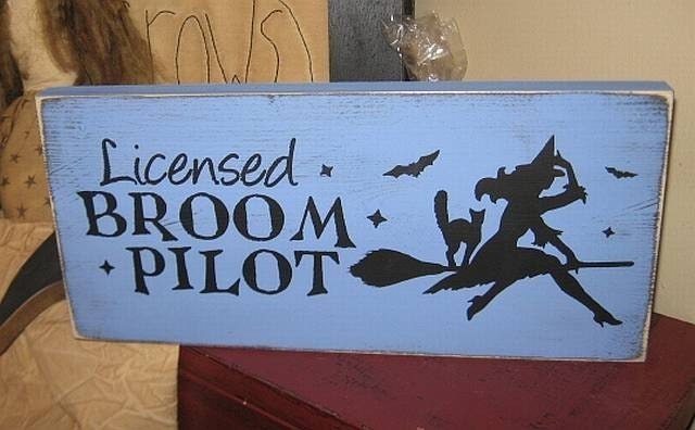 Licensed Broom Pilot Witch Handpainted Wood Sign Wall Hanging Wiccan Plaque