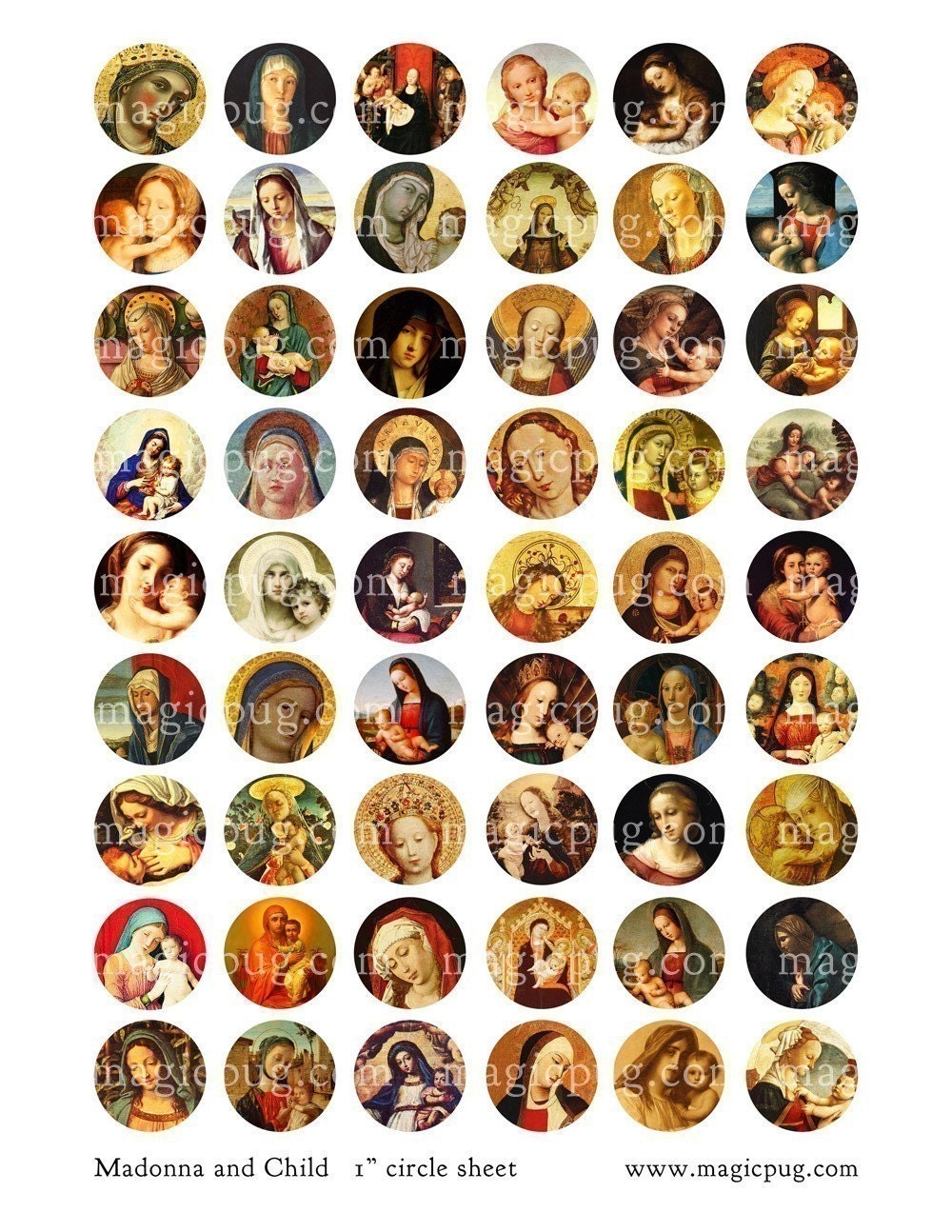 Madonna and Child 1 inch circle round digital collage sheet for bottlecap jewelry and button