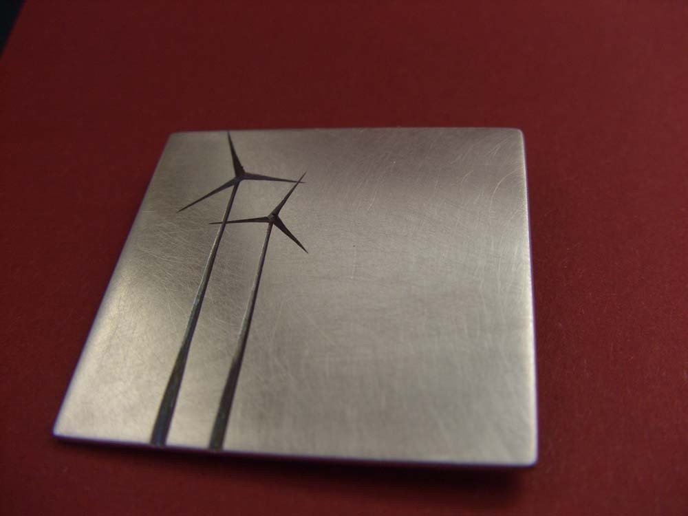 Hand Etched Wind Farm Brooch In Sterling Silver