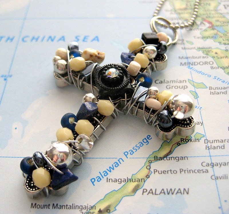 Treasured Diamonds Wire-Wrapped Beaded Cross Necklace