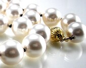 Handmade Necklace  White Pearls, Black Knots, Snow Drops