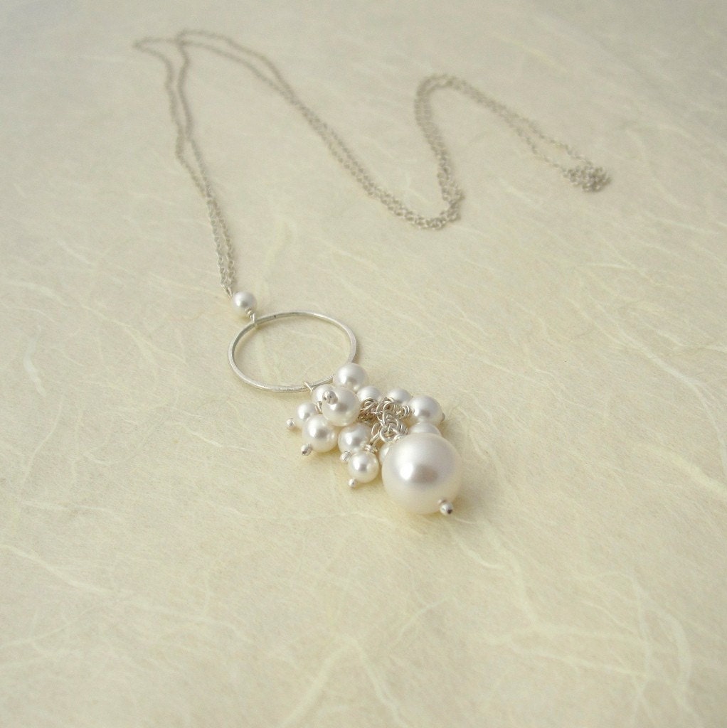 Pearl Cluster - Long Necklace- Sterling Silver and Swarovski Wedding Jewellery