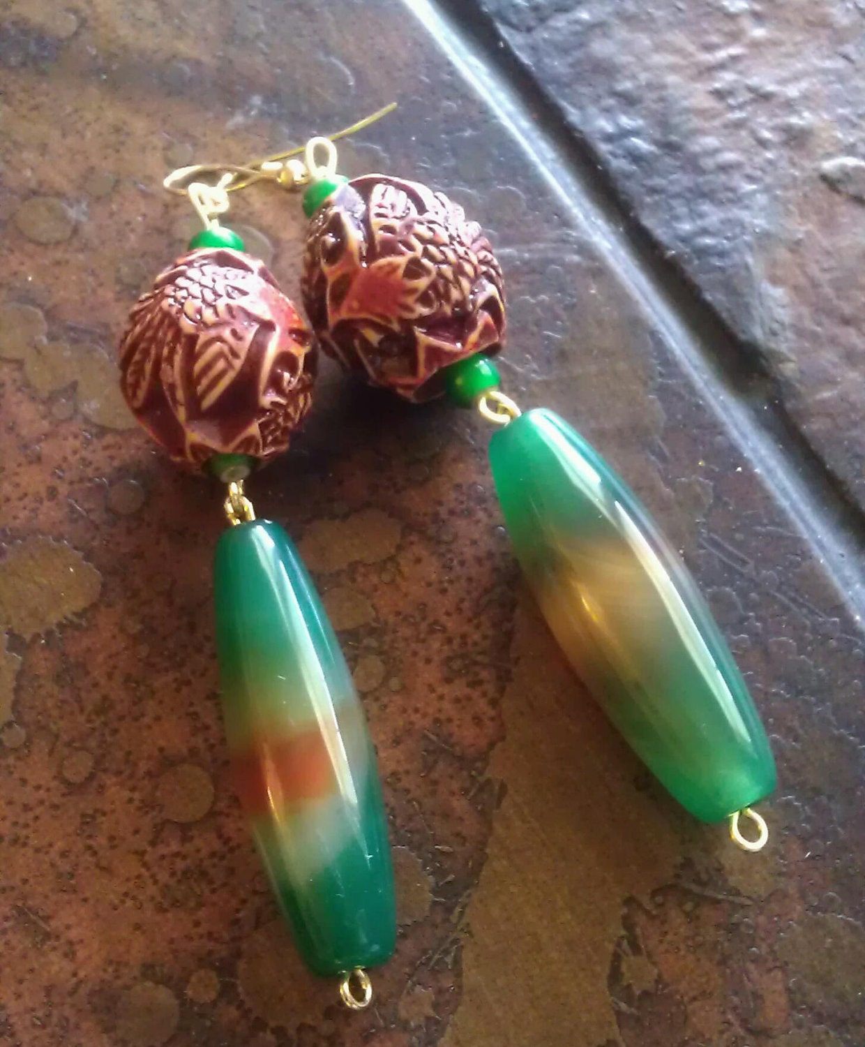 Earthy Jungle Carved Bone and Candy Jade Beaded Dangle earrings