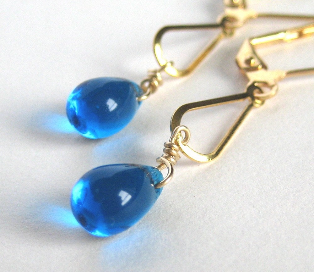Blue Glass Earrings, Gold Teardrop Earrings, Handmade, Loily