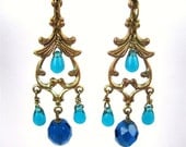 Blue Glass Earrings, Antiqued Brass Earrings, Handmade, Sabine