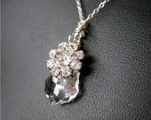 Sterling Silver Necklace, Clear Crystal Drop, Rhinestone Flower, Handmade, Little Bloom
