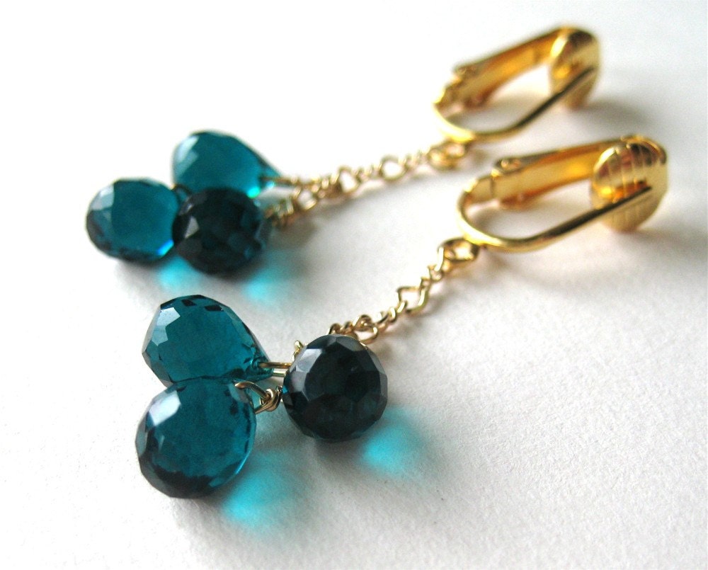 Teal Clip On Earrings, Gold Clip Earrings, Faceted Quartz Teardrops, Handmade, Teal Trio