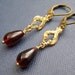 Burgundy Glass Brass Earrings, Dark Red Teardrop, Handmade, Gloria