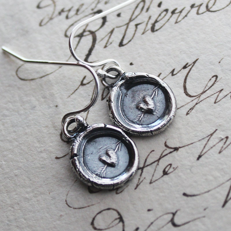 wax seal petite heart earrings in eco friendly fine silver, heart earrings