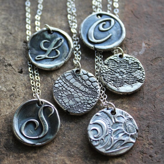 Custom Wax Seal Monogram Reversible Antique Lace Necklace in fine silver - personalized monogram jewelry made with antique lace