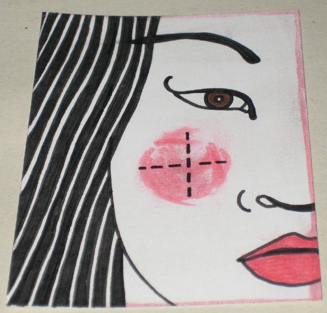 Original Drawing ACEO Black and White Pink Cheek Womans Face Design