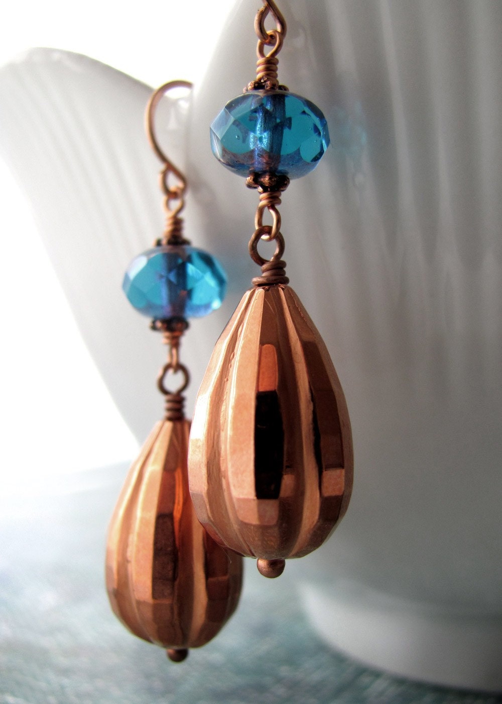 Copper Vintage Bead Earrings with Aqua Turquoise Teal Glass, Bright Metallic Copper Stripe Texture Balloon Beads - Funky Retro Mod Earrings