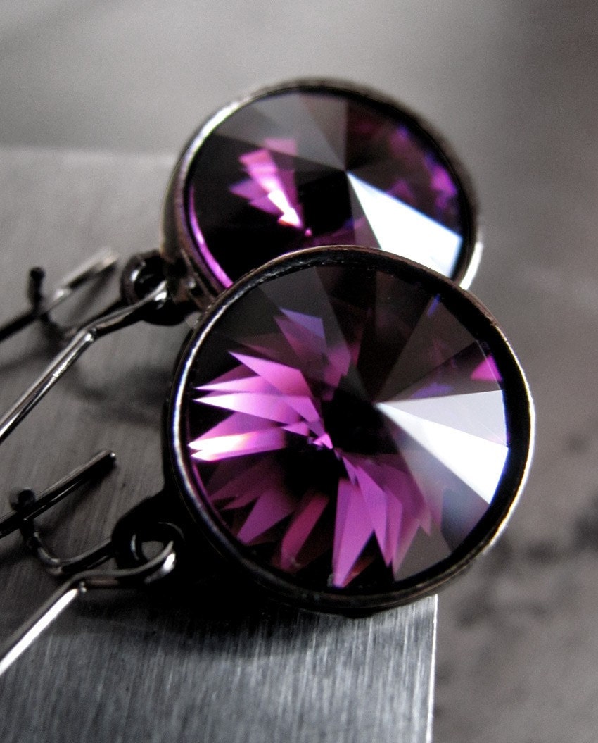 Amethyst Purple Crystal Earrings, Rivoli Crystal Earrings in Eggplant Aubergine, Black Gunmetal, Color of February Birthstone, Bridesmaid
