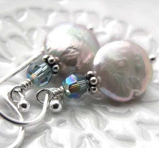 White Coin Pearl Earrings, Something Blue Crystal, Sterling Silver - Bridal Jewelry, Beach Wedding, Bridesmaid Earrings, June Birthstone