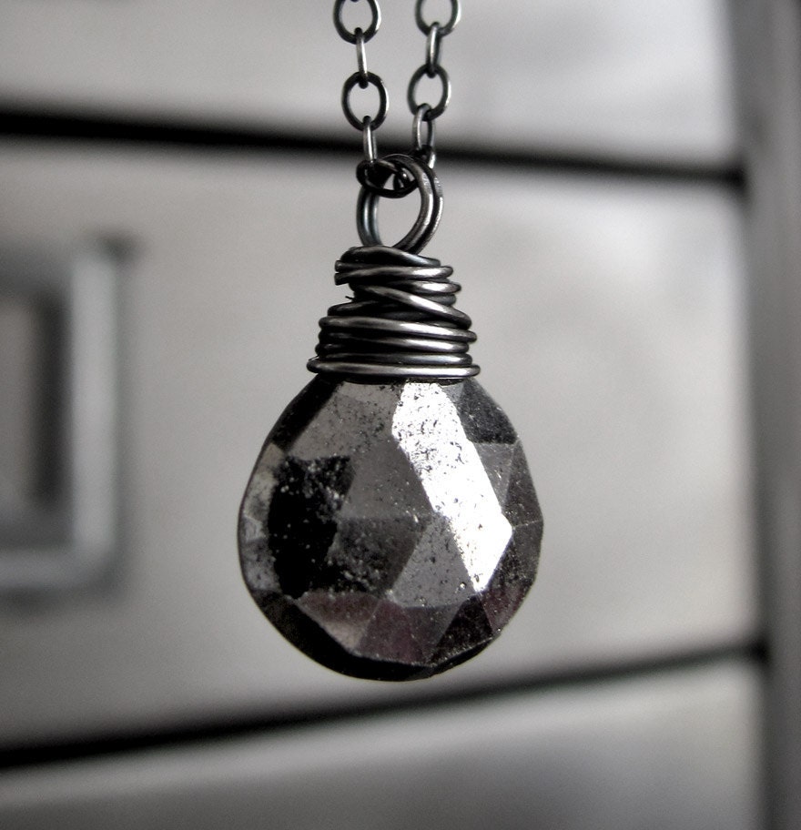 Silver Pyrite Gemstone Necklace- Wire Wrapped Oxidized Sterling Silver, Faceted Pyrite Gemstone Teardrop Briolette Pendant, Modern Jewelry