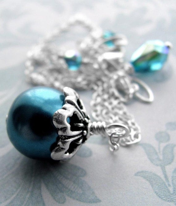 Aqua Glass Pearl Pendant Necklace with Silver Chain, Teal Peacock Faux Pearl Pendant - Bridesmaid Necklaces, Wedding Jewelry, Matched Sets