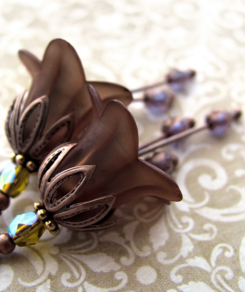 Chocolate Brown Flower Earrings, Blue and Olive Accents, Antiqued Copper, Romantic Fall Autumn Jewelry, Vintage Inspired Jewelry