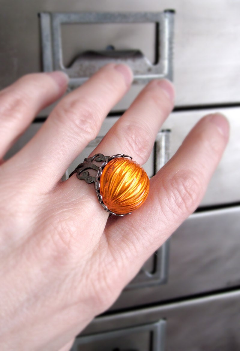 Neon Orange Pumpkin Ring, Halloween Jewelry, Day Glo Bright Orange Cocktail Ring, Black Gunmetal Adjustable Ring, Dark Goth Gothic Ring