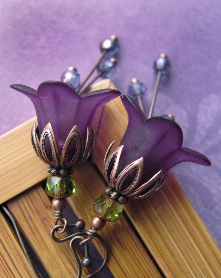 Romantic Deep Purple Flower Earrings - Rich, Dark Purple Flowers, Antiqued Copper, Gift for Gardener, Garden Wedding, Vintage Style Jewelry