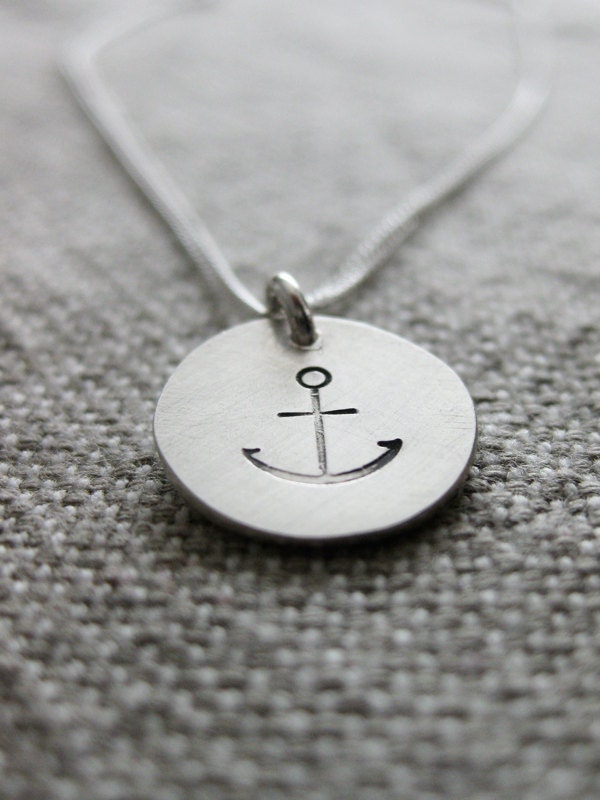 Anchor Pendant - small stamped sterling silver circle tag nautical marina customizable