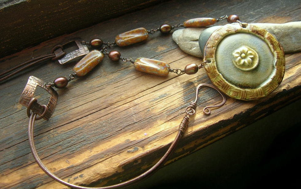 Ceramic  Pendant and wire wrapped copper chain with Czech glass, freshwater pearl and leather cord necklace
