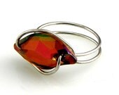 Wire Wrap Button Ring Swarovski Elements Diamond Leaf Red Magma