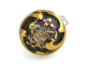 Vintage Czech Glass Button Ring Green Floral