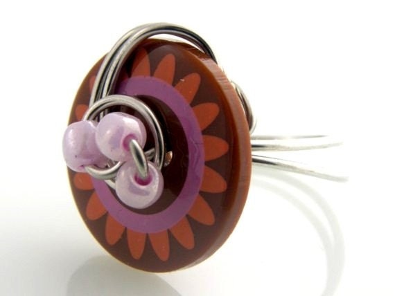 Exclusive Line Blue Orange and Pink Beaded Button Ring