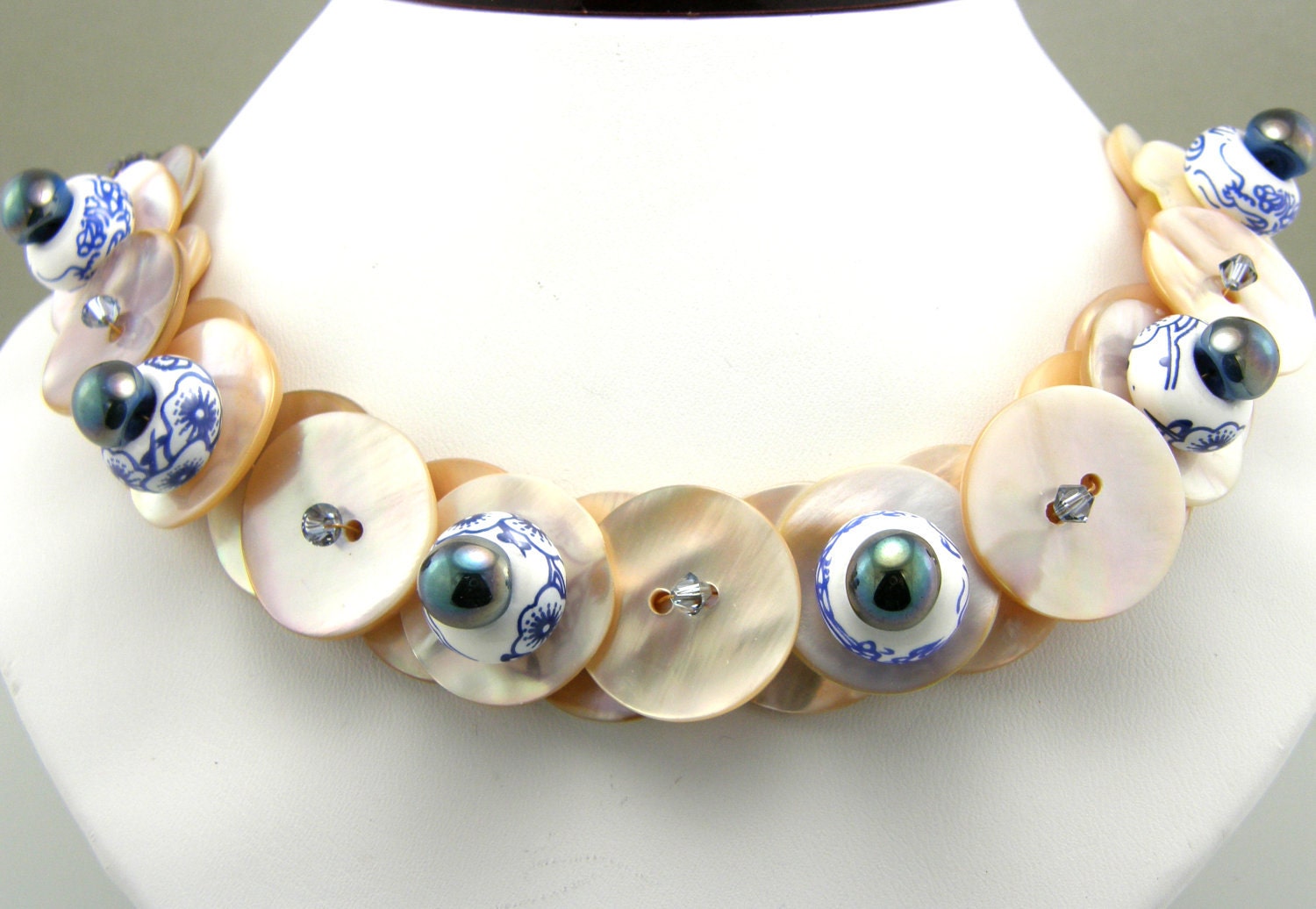 Layered Button Necklace Denim Blues