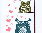 Hoos in Love - Gocco Print of two Owls in love