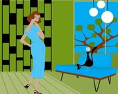 Ball of Yarn - New Giclee Print by Kerry Beary - Black Cat - MID CENTURY